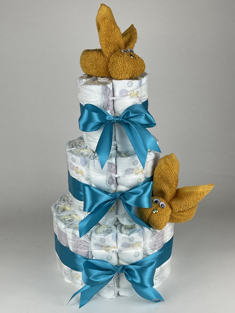 Chouette-Chouette | Luiertaart Neutraal | Kraamcadeau | Geboorte Jongen Meisje | Babyshower | Konijnen Oker - Petrol