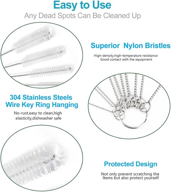 Schoonmaakborstels Voor Rietjes - 10 Stuks - 21 CM - 2-24MM - Wit - RVS en nylon - Lang rietjesborstel - Herbruikbaar - Flessenborstel - Rietjesreinigingsborstel - Voor buizen, rietjes, pijpen en moeilijk bereikbare plekken van Merkloos — afbeelding 5
