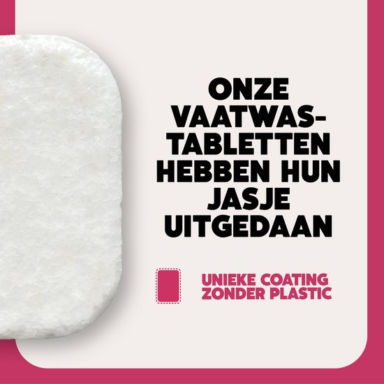 Een individuele vaatwastablet met een ruw, wit oppervlak en de tekst 'Unieke coating zonder plastic'.