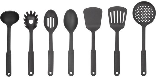 Ensemble d'ustensiles de cuisine noirs avec diverses spatules et cuillères.
