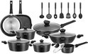 Ensemble de casseroles noires antiadhésives, comprenant des casseroles et des ustensiles de cuisine.