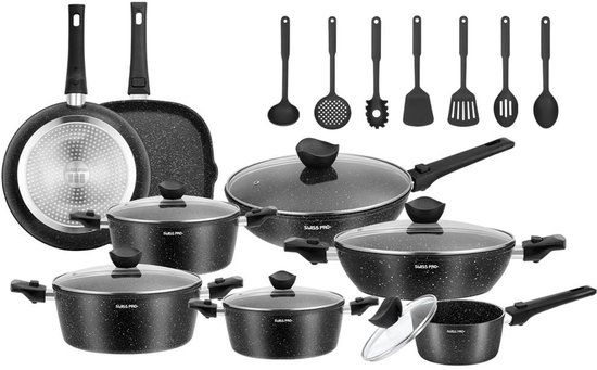 Ensemble de casseroles noires antiadhésives, comprenant des casseroles et des ustensiles de cuisine.