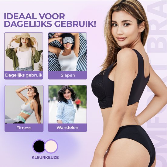 Model met zwarte kanten push-up bh, met afbeeldingen van dagelijks gebruik, slapen, fitness en wandelen.