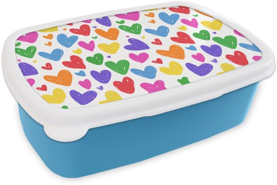 Broodtrommel Blauw - Lunchbox Hartjes - Patroon - Kleurrijk - Tekening - Brooddoos 18x12x6 cm - Brood lunch box - Broodtrommels voor kinderen en volwassenen
