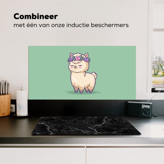 Spatscherm keuken 80x40 cm - Kookplaat achterwand Alpaca - Groen - Bloemendiadeem - Muurbeschermer - Spatwand fornuis - Hoogwaardig aluminium