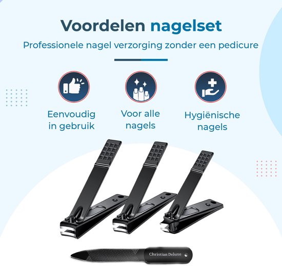 Drie zwarte nagelknippers met een antislip handvat en een zwarte vijl van Christian Deluxe.