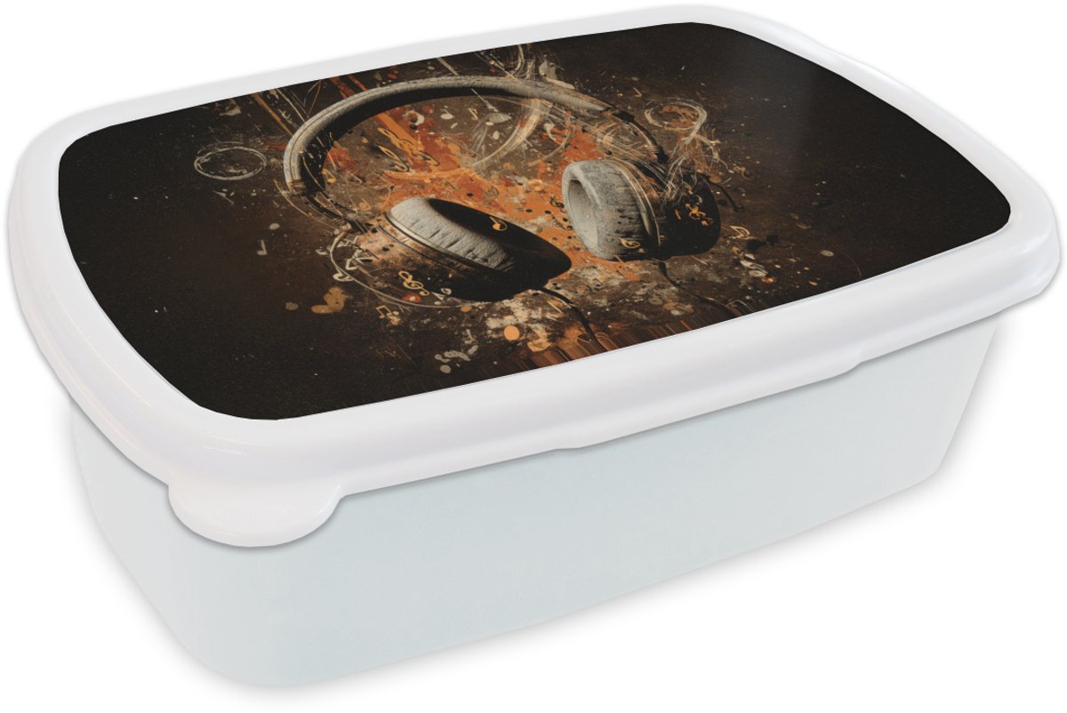 Broodtrommel Wit - Lunchbox Koptelefoon - Bruin - Dynamische penseelstreken - Brooddoos 18x12x6 cm - Brood lunch box - Broodtrommels voor kinderen en volwassenen