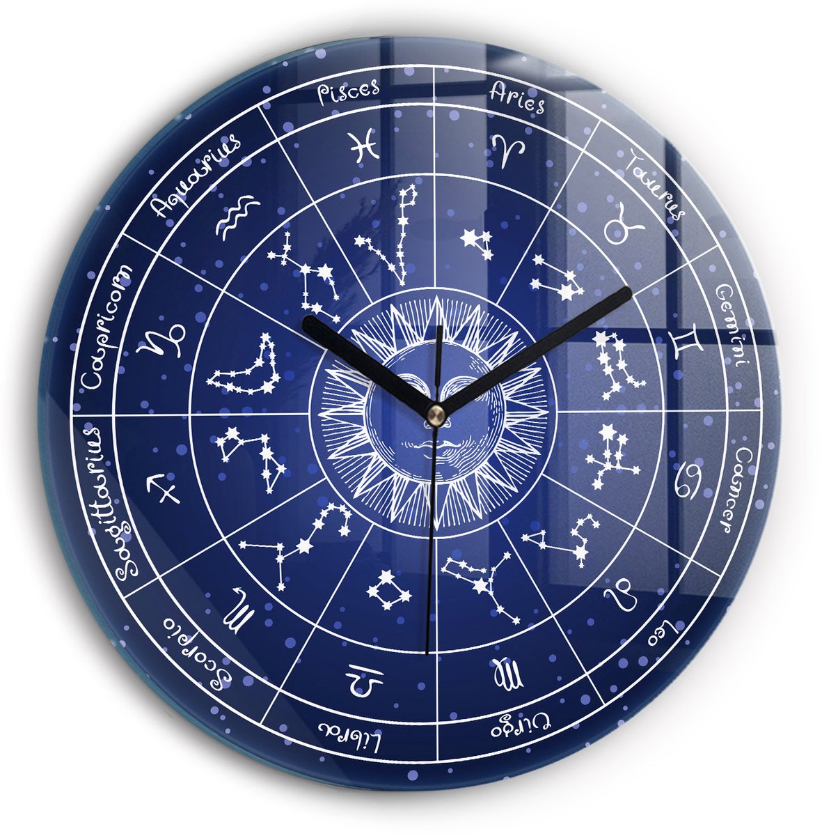 Wallfluent Wandklok - Dierenriemconstellaties Klok met Print - 30 cm x 30 cm - Blauw Wandklok - Zwarte Handen - Wandklok zonder cijfers - Stille Wandklok Slaapkamer - Decoratieve Wandklok - Design Wandklok - Unieke Wandklok