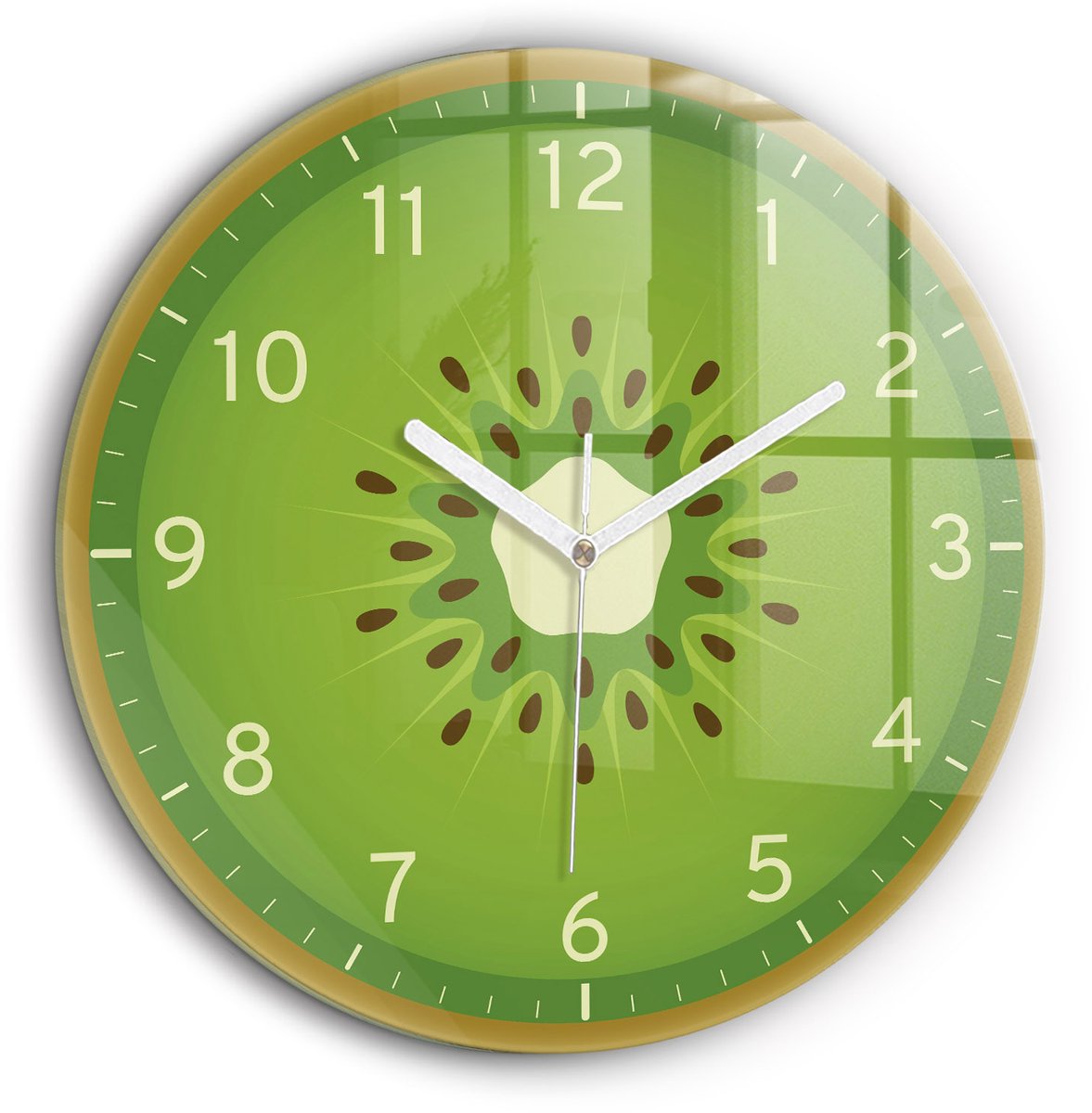 Wallfluent Wandklok - Kiwifruit Stijlvolle Klok - 60 cm x 60 cm - Groente Wandklok - Witte Handen - Klok zonder getallen - Wandklok voor in de Keuken - Klok met Afbeelding - Moderne Wandklok - Klok met Afbeelding