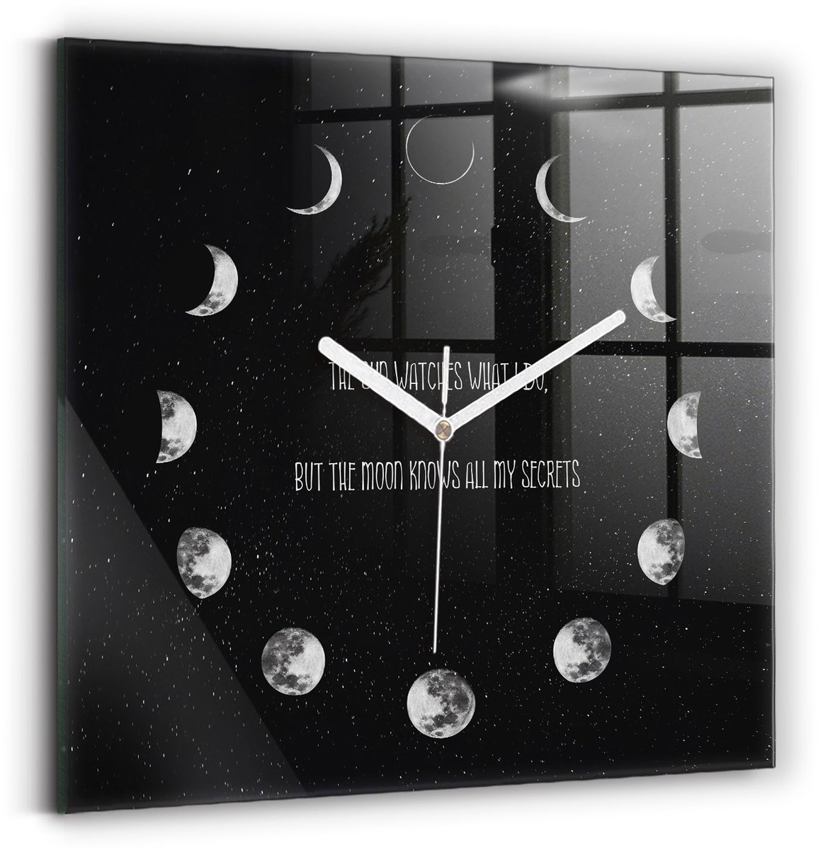 Wallfluent Wandklok - Maanfasen en inscriptie Stijlvolle Klok - 30 cm x 30 cm - Zwart Wandklok - Witte Handen - Klok zonder getallen - Wandklok voor in de Keuken - Klok met Afbeelding - Moderne Wandklok - Klok met Afbeelding