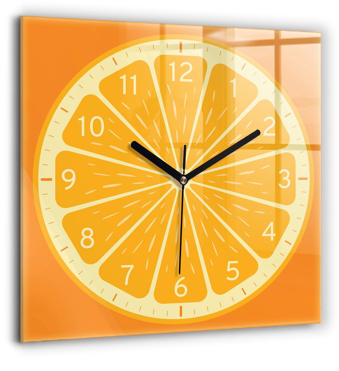 Wallfluent Wandklok - Sappige sinaasappel Klok met Afbeelding - 60 cm x 60 cm - Oranje Wandklok - Zwarte Handen - Klok zonder getallen - Kinder Wandklok Glas - Unieke Wandklok - Minimalistische Klok - Klok als Muurdecoratie