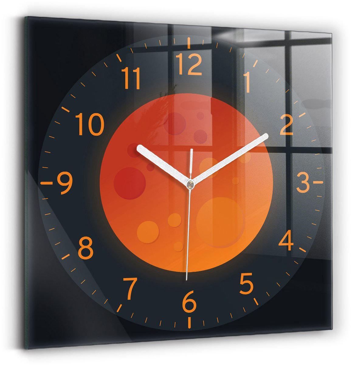 Wallfluent Wandklok - Volle maan Klok met Print - 30 cm x 30 cm - Zwart Wandklok - Witte Handen - Wandklok zonder cijfers - Wandklok Glas Woonkamer - Klok als Muurdecoratie - Modieuze Klok - Unieke Wandklok