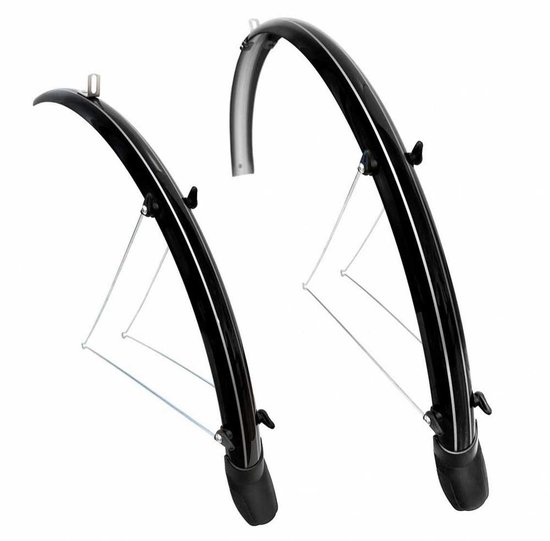 Set van twee glanzend zwarte Bonin fietsspatborden met zilveren strepen, inclusief metalen bevestigingsstangen.