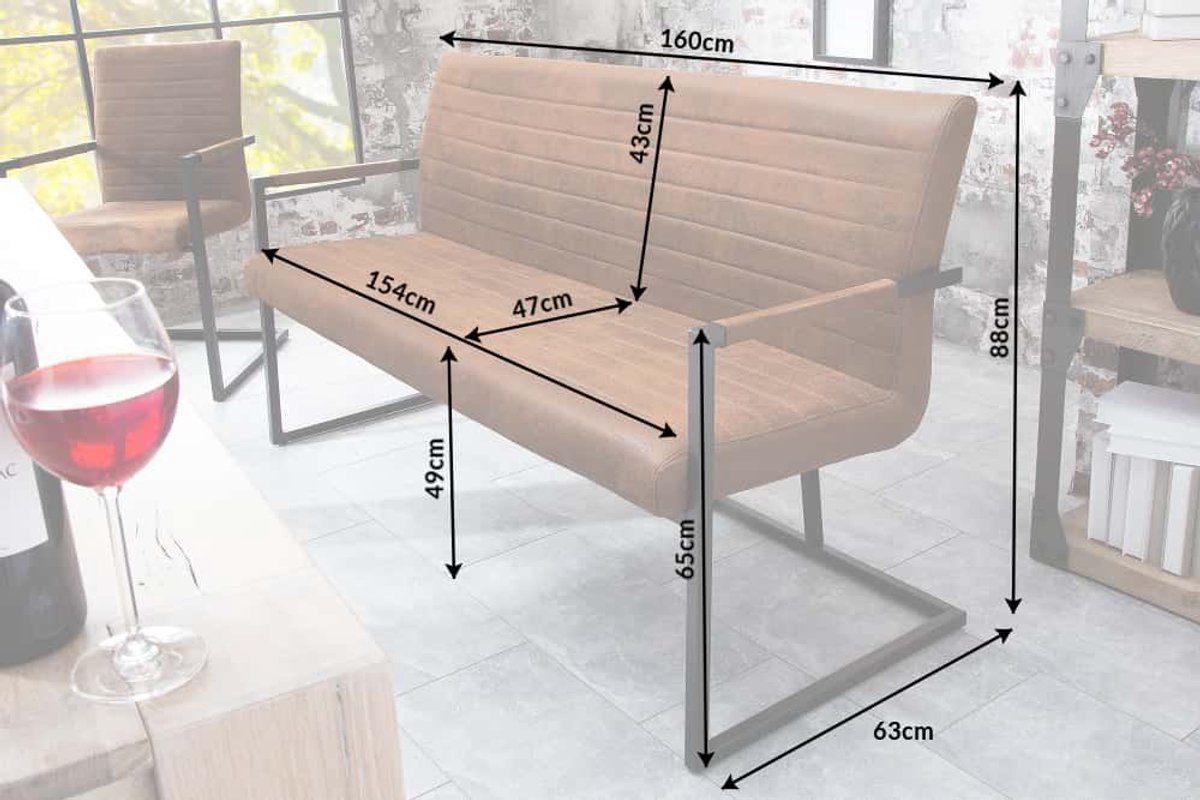 industrieele sledebank LOFT 160cm vintage bruin met armleuning - 38198