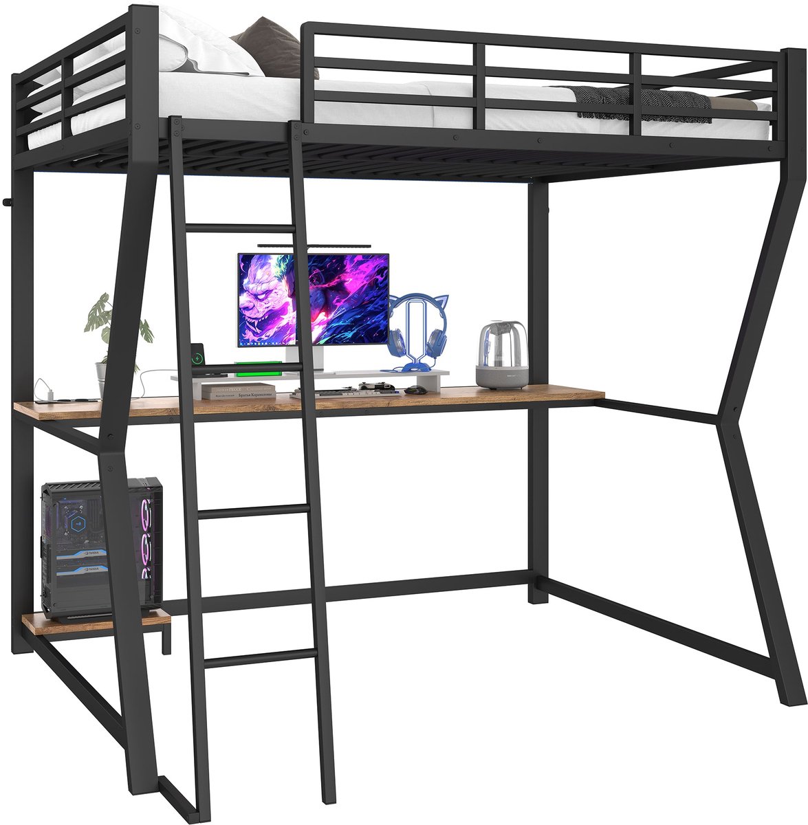 Merax Hoogslaper 140x200 met Bureau – Tweepersoonsbed met LED en USB – Zwart Metaal