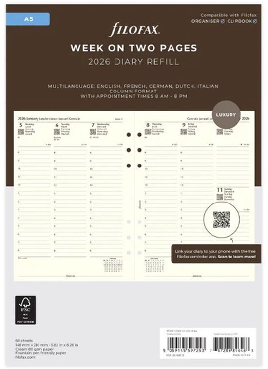 Filofax A5 2026 week op 2 pagina’s kolommen cotton cream | bol