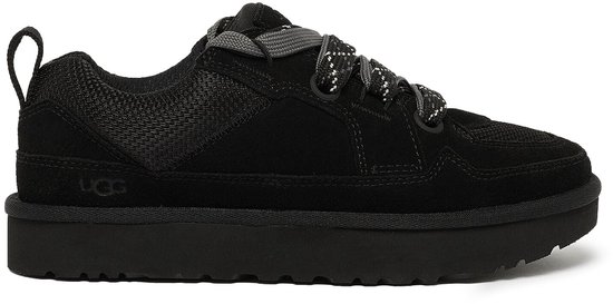 Zwarte UGG LO Lowmel sneaker met grijze veters en dikke zool, op witte achtergrond.