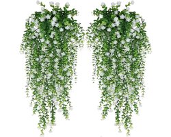 Kunstplant Klimop Slingers met Witte Bloemen - Set van 2 Stuks - Realistische Hangplant - Onderhoudsvrije Groene Decoratie voor Kamer, Balkon, Tuin, Bruiloft & Feest - Nep Planten
