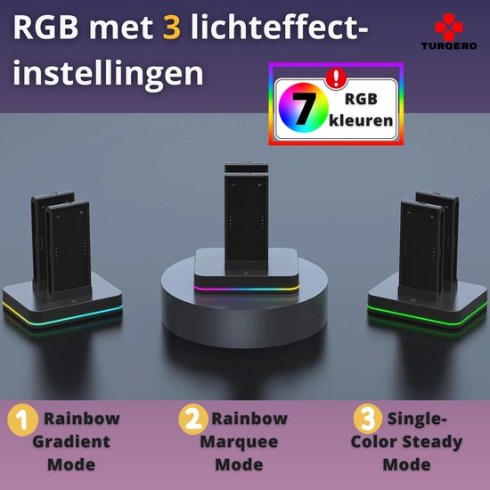 Drie zwarte oplaaddocks met RGB-verlichting, elk met een andere lichtmodus: Rainbow Gradient, Rainbow Marquee en Single-Color Steady.