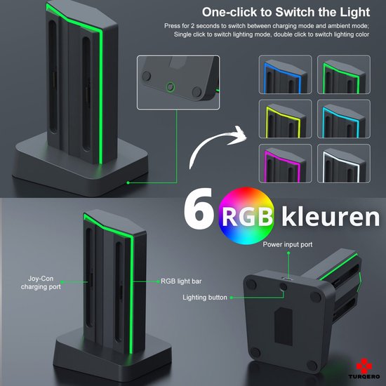 Zwarte oplaaddock voor Switch Joy-Cons met groene RGB lichtstrip. Toont de 6 RGB-kleuren: groen, blauw, cyaan, geel, roze, wit. Met knop om licht te bedienen.