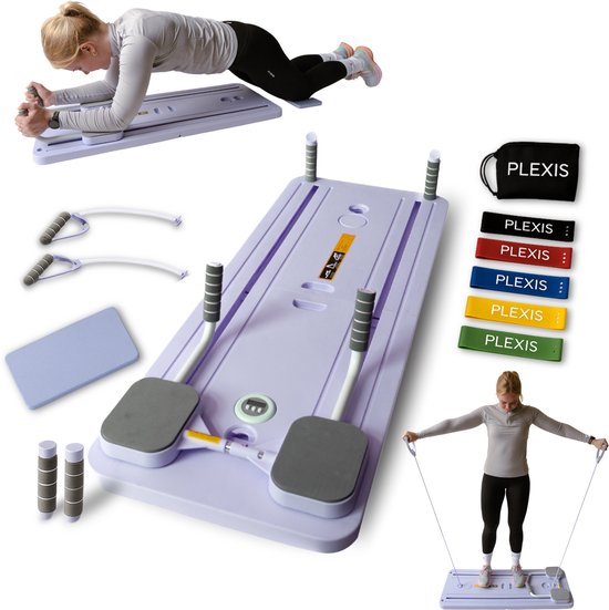 Plexis 10-in-1 Pilates Board – Inklapbare Reformer Set met Oefeningen & Weerstandsbanden – Inclusief E-book met 30 Dagen Challenge -Multifunctioneel Fitness Board – Paars