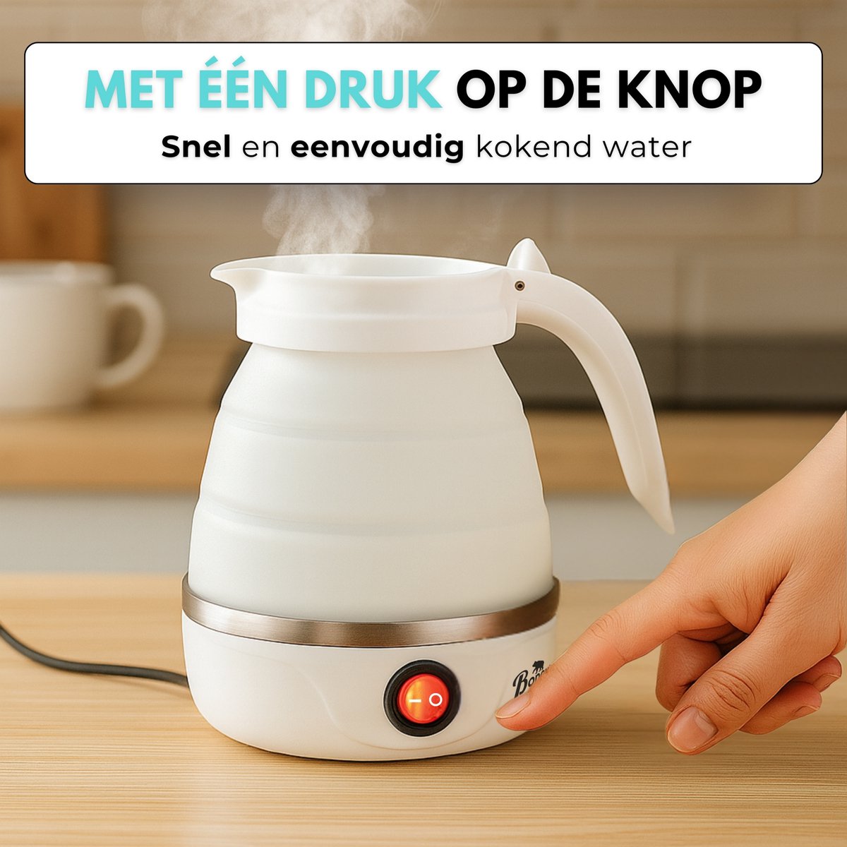 Boncy® Premium Mini Opvouwbare Waterkoker - 0.6 Liter Kleine Reiswaterkoker - Inklapbaar Wit - Reis Waterkokers voor Camping Hotel Senioren - Klein Draagbare Travel Water Koker Beige Creme - 0,5 L Grijs — afbeelding 7