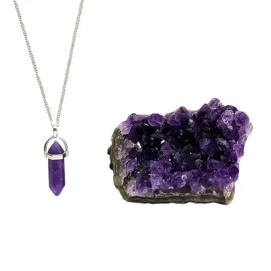 Set collier et pierres précieuses en améthyste - Pendentifs en Natuursteen 2 pièces avec pierres précieuses en cristal - Guérison spirituelle - Protection, équilibre et Énergie - Collier élégant en pierres précieuses comme cadeau Perfect