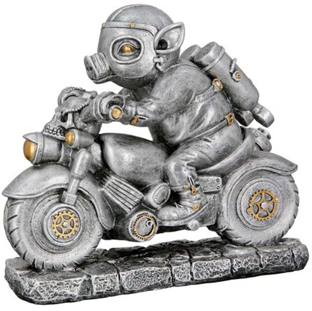 Steampunk Motor Pig - Decoratie beeld - varken op motor - sculptuur - Polyresin - metaalkleurig / zilverkleurig met goudkleurige accenten