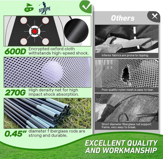 Details van golfoefennet: sterk oxford doek, dicht net, sterke fiberglass stangen.