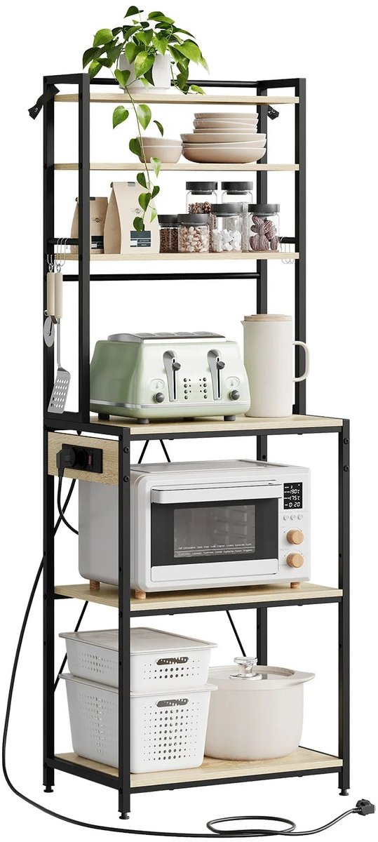 Keukenrek met Stopcontact – Stellingkast - Bakkerskast – 6 Lagen Staand Rek - Opbergrek Keuken – Hout & Metaal – 60x40x167 cm - Licht Eiken
