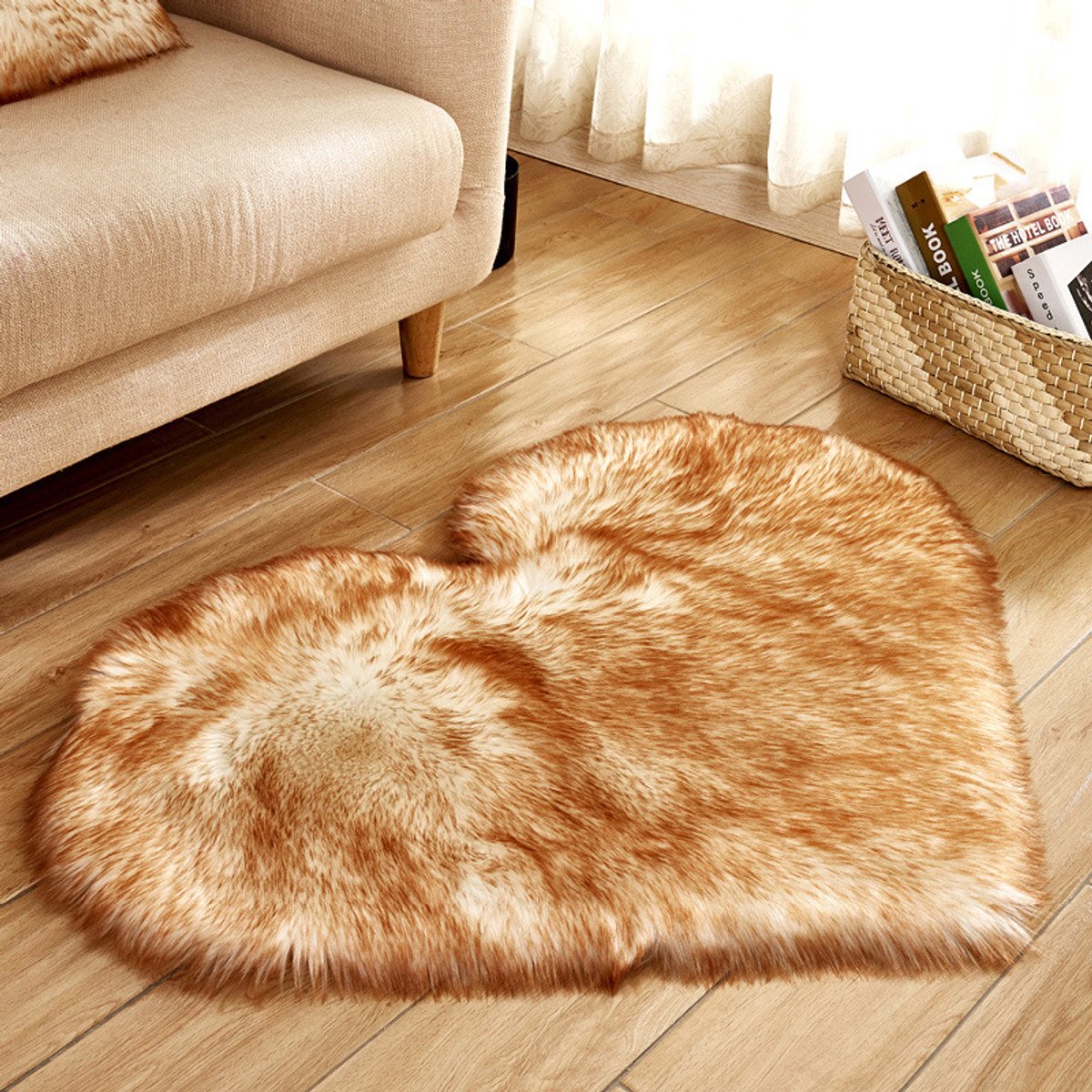 Qelus Bruin-Wit Modern Hartvormig Vloerkleed met Lange Pluizen - Wasbaar - Hoogpolig Vloerkleed - Zacht fluffy Decoratie - Voor Stoel, Bank of Bed - 40x50 cm