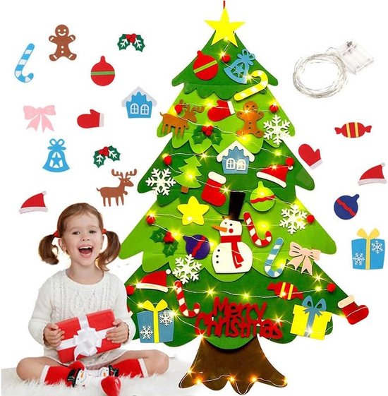 Kerstdecoratie Set - Vilten kerstboom - Vilten kerstboom voor kinderen incl 32 ornamenten - Mini kerstboom - kinderen cadeau met lichtslinger - Veilige Vilt DIY Boom - kinderen kerst diy wandophanging - Kerstversiering - Kerstboomproject - 100cm