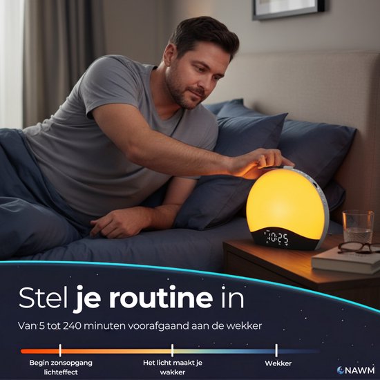 NAWM® Premium Wake Up Light - Digitale Wekker - Lichtwekker - Nachtlampje - Wekker - Bluetooth - 20 Helderheid niveaus - 25 Ontspanningsgeluiden - Incl. Nederlandse handleiding, EU stekker & Slaapgids
