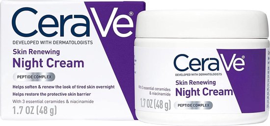 CeraVe Skin Renewing Night Cream | Niacinamide, Peptide Complex, and Hyaluronic Acid Facial Moisturizer | 48g