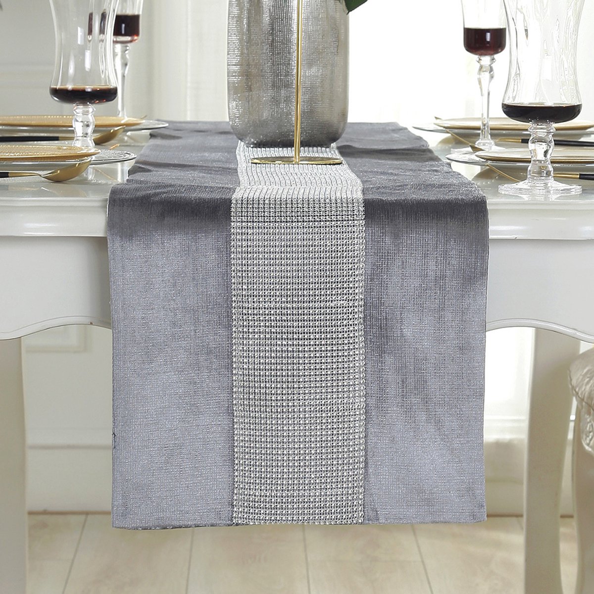 Kerst Grijze tafelloper - 32 x 180 cm - Glitter tafelloper - Zilveren diamant tafelloper - Geschikt voor keukentafel, salontafel, kaptafel, wijnkastdecoratie - (180 cm, grijs)