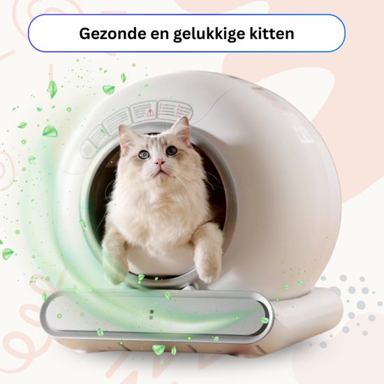 Een witte kat zit in een automatische kattenbak. Groene blaadjes en luchtstromen suggereren frisse lucht.