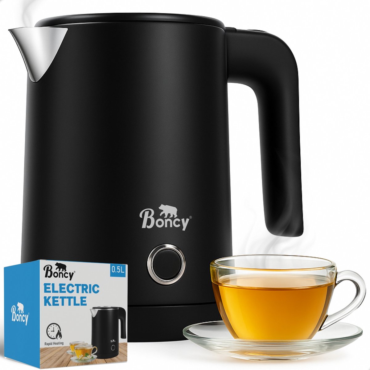 Boncy® Premium Mini Waterkoker - 0.5 Liter - Kleine Reiswaterkoker RVS Zwart - Reis Waterkokers voor Camping Hotel Senioren - Klein Draagbare Travel Water Koker Grijs - 0,5 L Retro — afbeelding 1