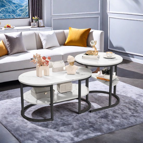 Set Van 2 Moderne Vierkante Salontafels - Bijzettafel Met Marmeren Fineer Praktische Opbergruimte Voor Woonkamer Balkon En Kantoor Metalen Frame Zwart Set Van 2 Moderne Vierkante Salontafels - Bijzettafel Met Marmeren Fineer Praktische Opbergruimte Voor Woonkamer Balkon En Kantoor Metalen Frame Zwart
