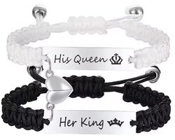 SilverAndCoco® - Koppel armbanden / matching armbandjes met hartjes / valentijn sieraden armband voor koppels / Liefde relatie cadeau set voor stelletje / Sinterklaas Schoen Kerst Cadeau - His Queen - Her King