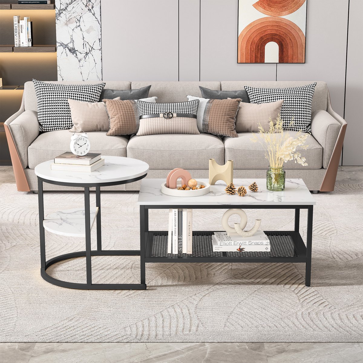 ROSAHQNDA Modern salontafels, set van 2 salontafels met grote opbergruimte, tafelblad met marmermotief en stevige metalen onderstellen, woonkamermeubel zwart-a