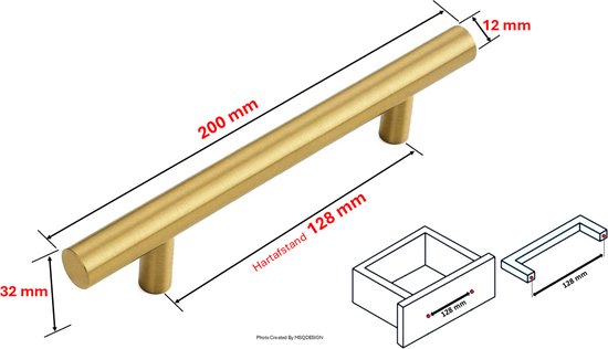 10 X MSQDESIGN RVS Handgrepen Goud - Handgreep 200mm - Hartafstand 128mm - Handgreep keukenkast T vorm - Gouden Meubelgreep RVS - Goude Handvatten keuken - RVS Handgreep Goud voor keuken , kast en deurjes - Moderne Deurgreepjes - incl schroeven