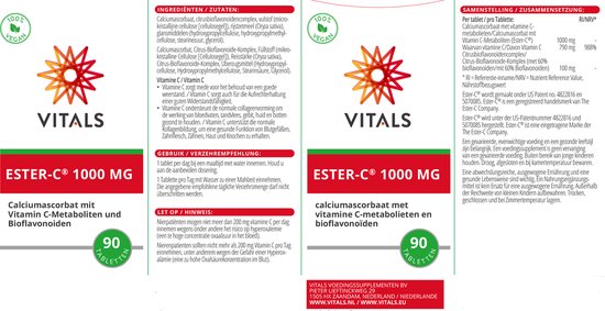 Verpakking van Vitals Ester-C 1000 mg met ingrediënten en gebruiksaanwijzing.