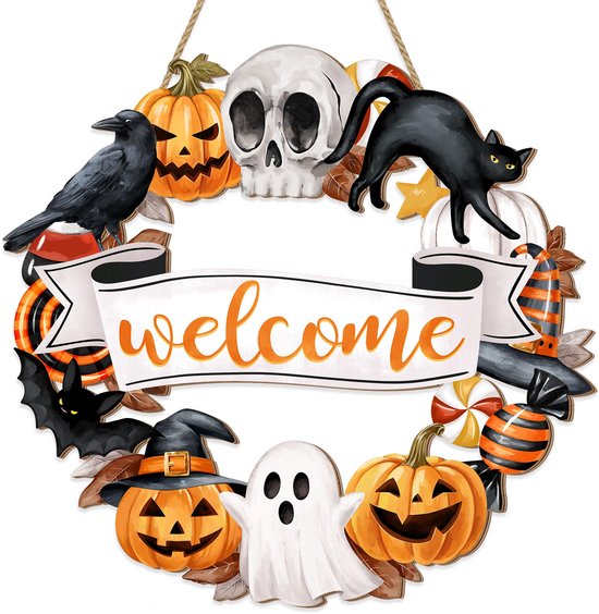 Halloween houten krans - Spookachtige zwarte kat, pompoen en schedel deurhanger decoraties - Rustieke spookachtige Halloween welkomstborden - voor aan de voordeur - Woondecoratie feestartikelen