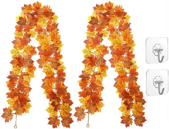 Deux guirlandes de feuilles d'automne artificielles dans des tons de rouge, orange et jaune.