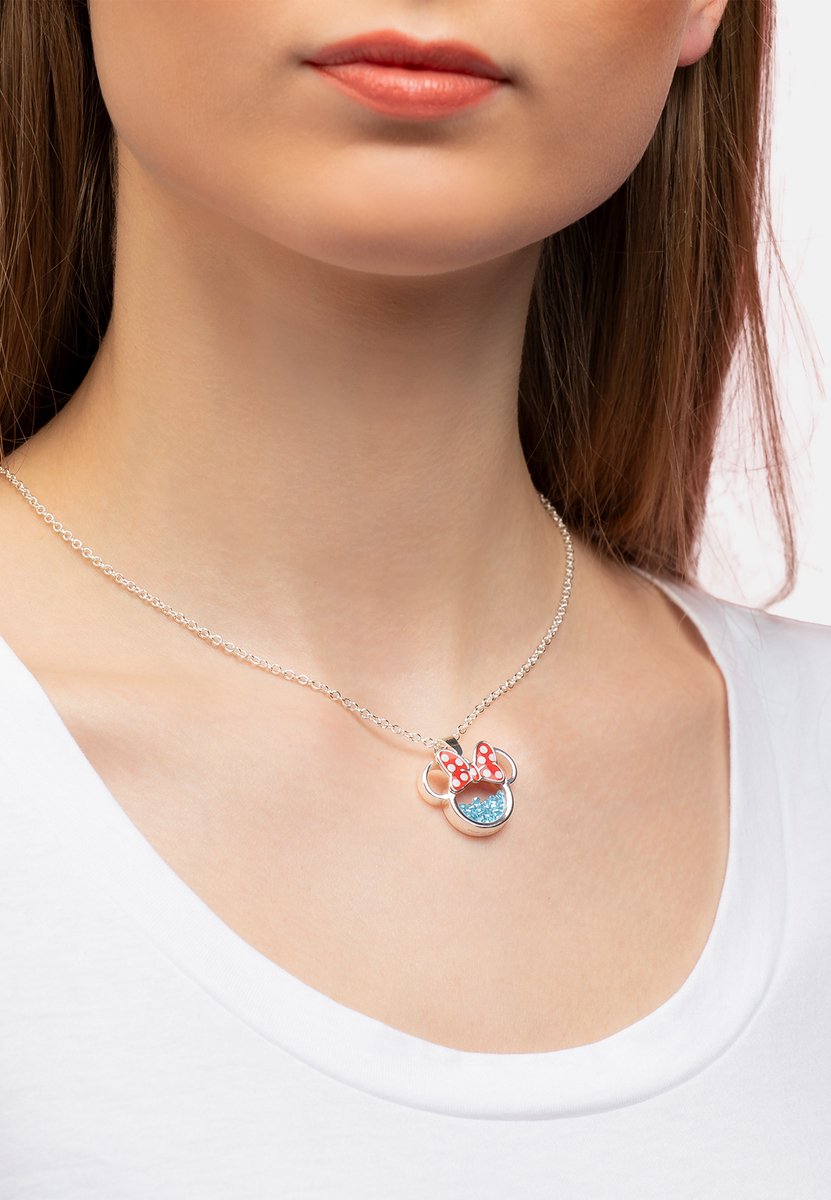Disney Minnie Silver Plated Brass with Red enamel Bow March Birthstone Floating Stone Necklace