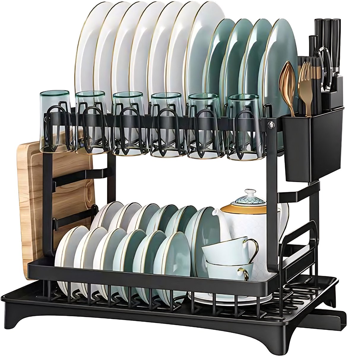 Somstyle Afdruiprek met Lekbak - 42 x 29 x 29 CM - Afwas Droogrek - Afwasrek 2 Laags - Zwart