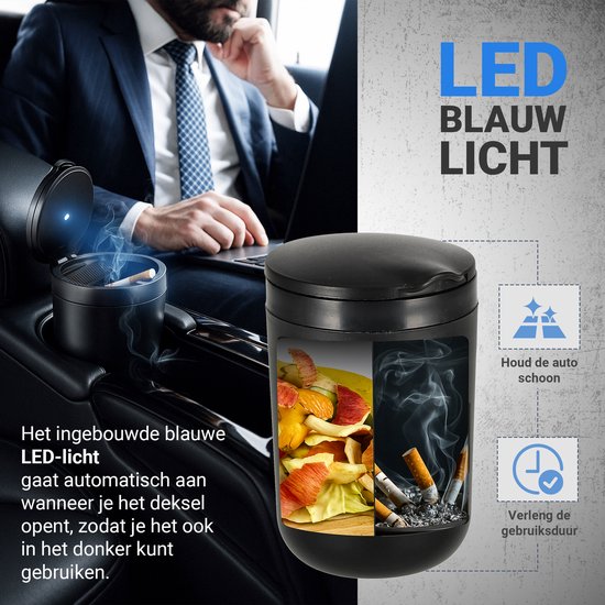 Auto Asbak 2 Stuks – Zwart met Deksel & LED – Rookvrije Asbak voor Auto & Vrachtwagen – Ø7 cm x 10.5 cm – Past in Bekerhouder – Geurloos & Veilig