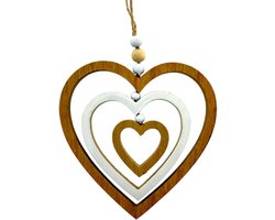 Houten Hanger Hart – 13,5 cm – Natuurlijke Houtkleur & Wit – FSC Hout