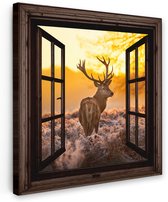 Tuinschilderij voor buiten 70x70 cm - Tuindecoratie Hert - Herfst - Dieren - Natuur - Bos - Doorkijk - Tuinposter op canvas - Tuin muurdecoratie - Buitenschilderij decoratie - Schutting wanddecoratie - Buitencanvas