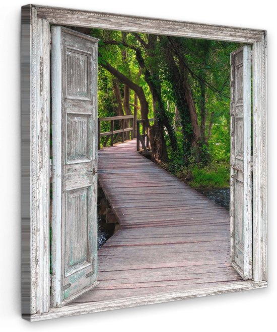 Tableau extérieur jardin 60x60 cm - Décoration de jardin Pont - Forêt - Vue - Poster jardin sur toile - Décoration murale Jardin - Décoration tableau extérieur - Décoration murale clôture - Toile extérieur